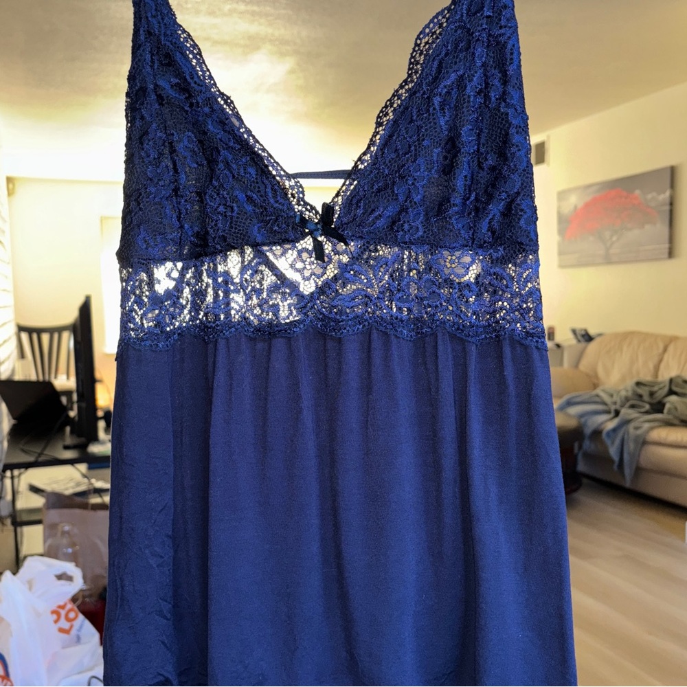Elegant Lace Trim Navy Blue Nightgown